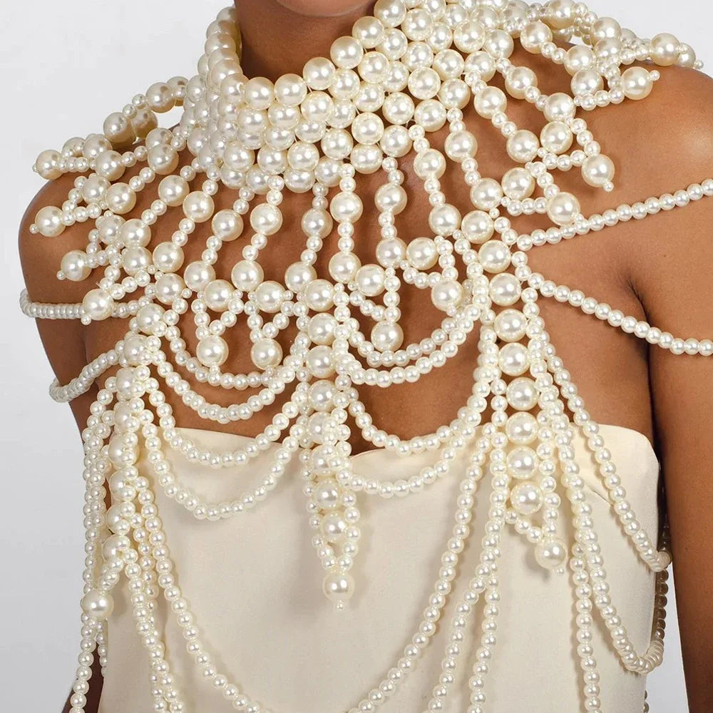 Imitation Pearl Shoulder Chain Necklace Top Jewelry Dress Harness Wedding Festival Accessories Clothes Women Rave Body Chain Bra