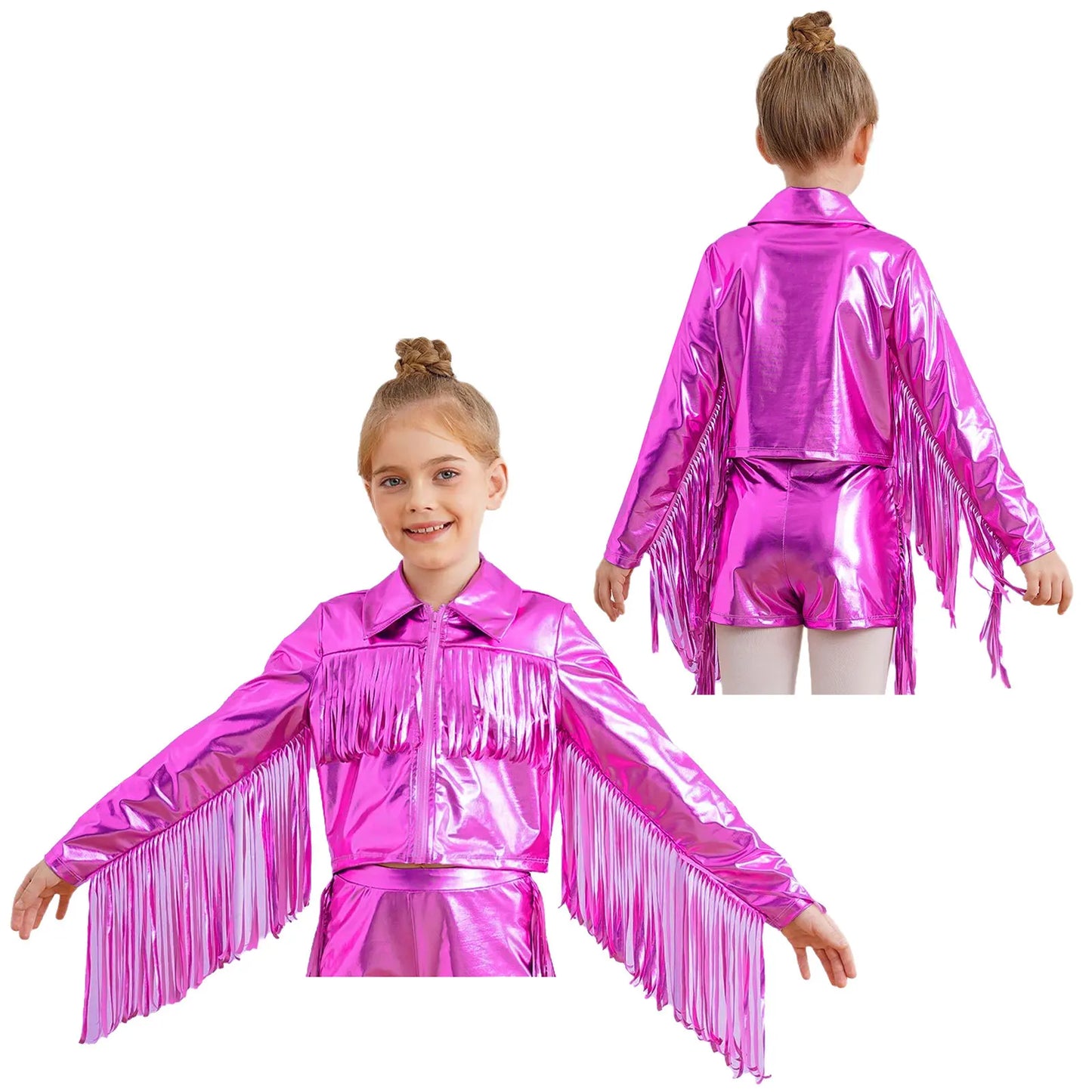 Girl's Tassels Jackets Streetwear Metallic Jazz Dance Costume Turn-Down Collar Childs Fashion Fringe Coats Jacket Party Jacket