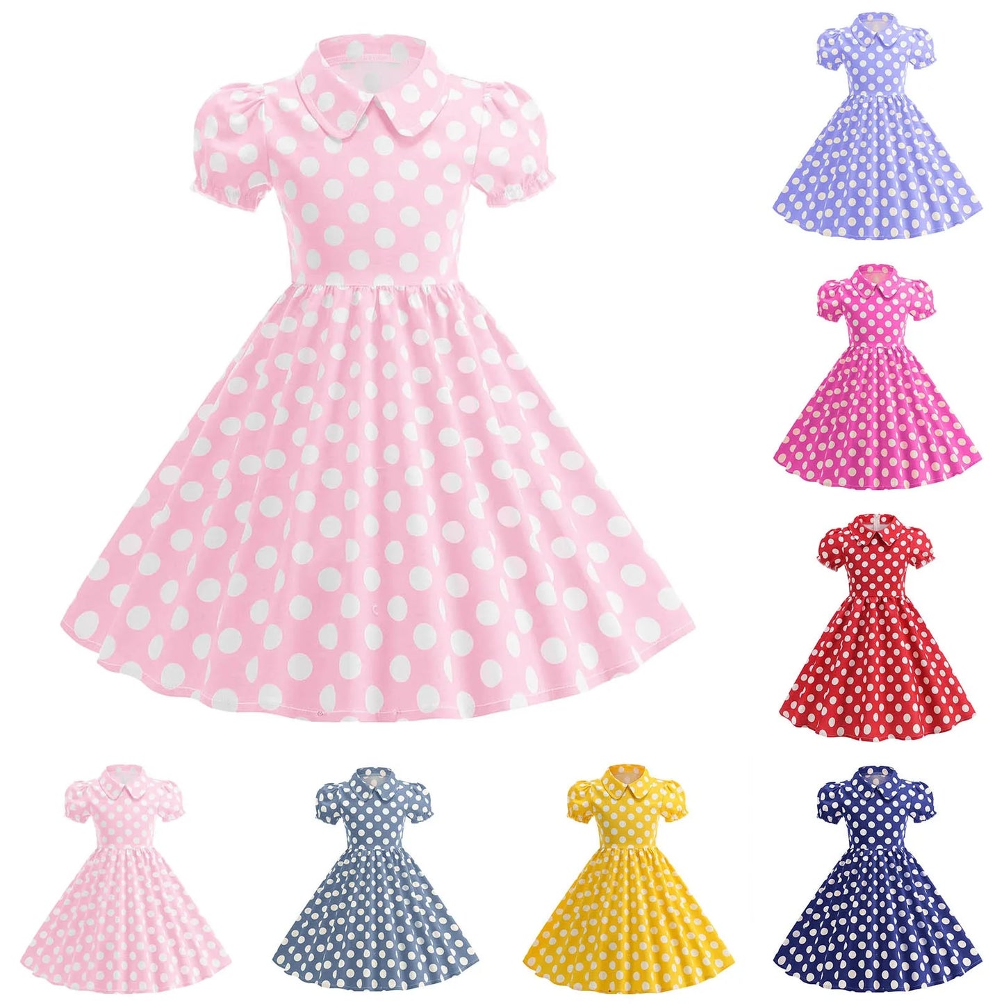 Girls Vintage Polka Dot Summer Dresses Elegant 50s Turn Down Collar Short Sleeve Princess Cocktail Dress Children'S Clothing