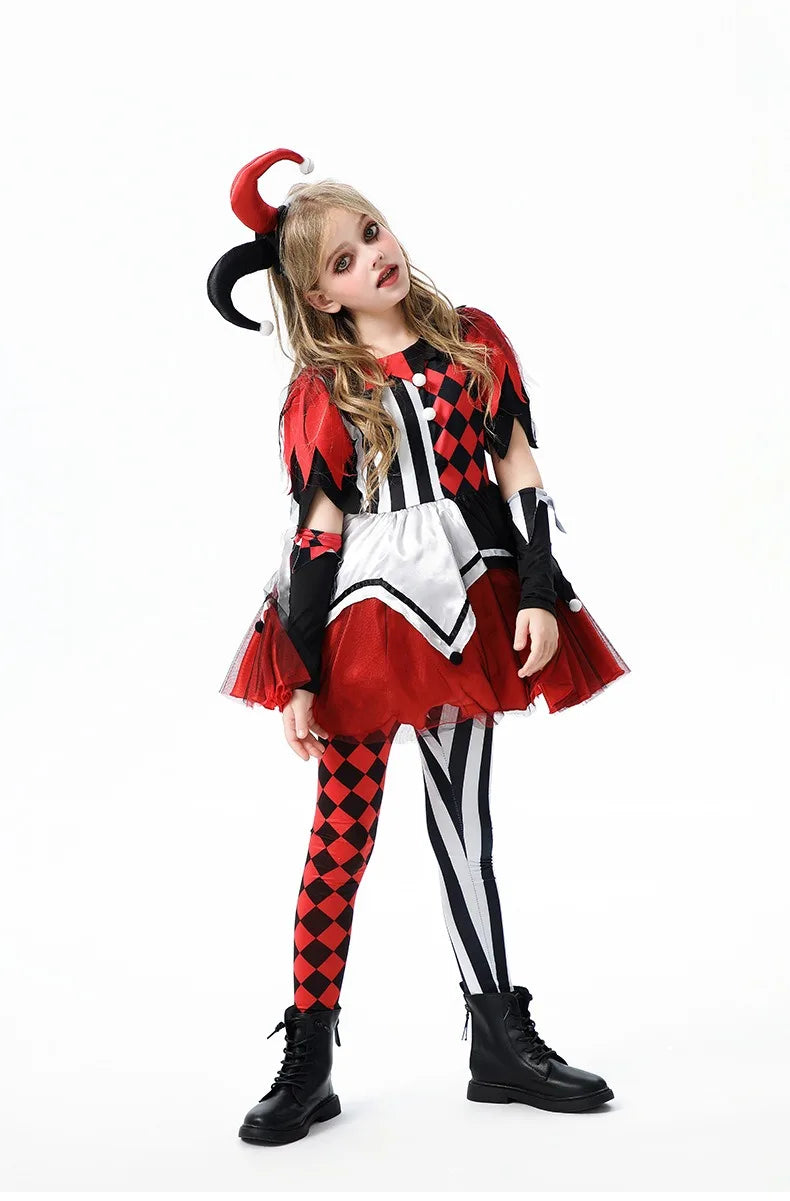 Halloween Cosplay Costumes Horror Clown Dresses Pants Headwear Clothes Sets Carnival Theme Party Role Playing Outfits for Girls