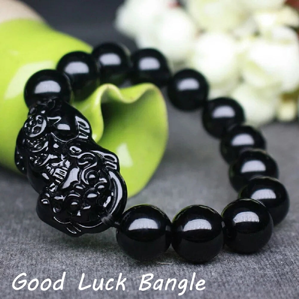 Fashion Jewelry Unisex Pixiu Men Attract Wealth Women Bracelets Obsidian Stone Beads Wristband Good Luck Bangle