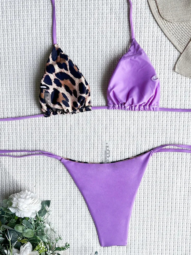 Halter Splicing Leopard Bikinis 2026 Satin Bikini Female Swimsuit Women Swimwear Two-pieces Bikini Set Micro Bathing Suit Swim