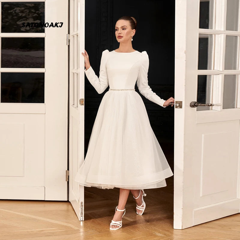 Customized Elegant Simple Puff Sleeve Ivory Satin Short Wedding Dress for Women Tea Length Backless Bride Gown Vestidos De Novia