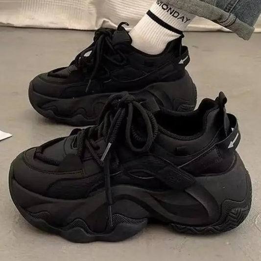 High Platform Sneakers Women Leather Dad Shoes Women Black Chunky Sneakers Thick Sole Shoes 2025 Fashion Height Increasing Shoes