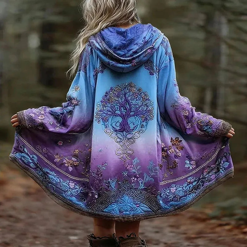 Halloween Costume Woman Pattern Print Retro Trench Coat New Fashion Loose Long Hooded Cardigan Autumn Long Sleeve Hoodies Jacket
