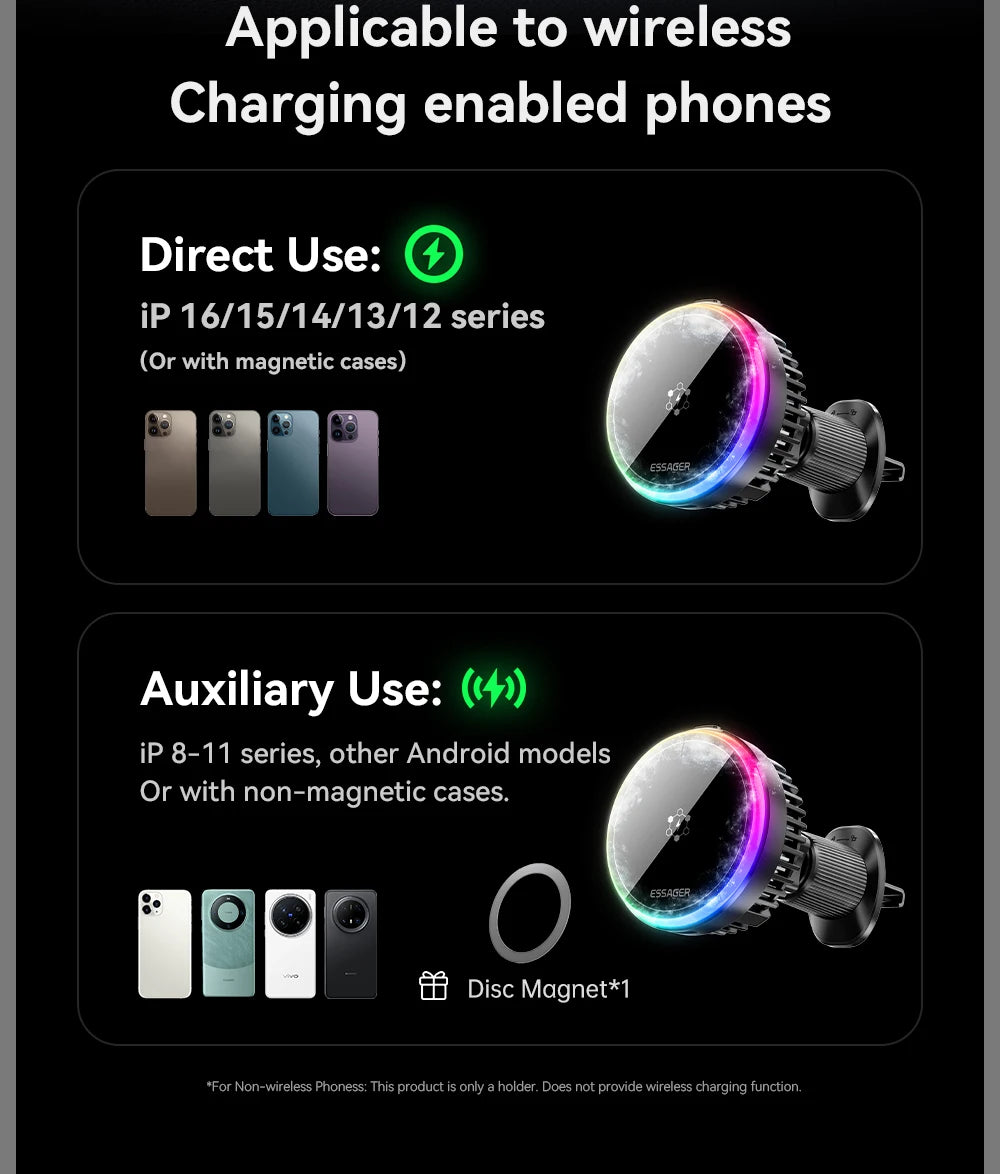 Essager Cooling Magnetic Car Wireless Charger 15W Fast Charging Station For Magsafe iPhone 16 Huawei 360° Roation Phone Holder