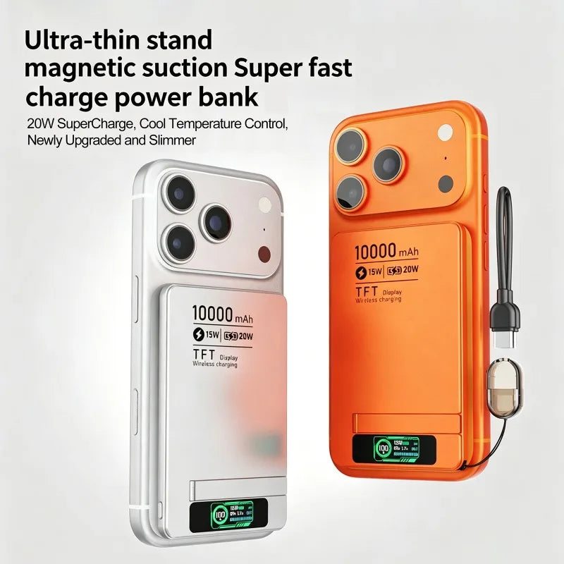 5000/10000mAh Slim and Portable Magnetic Power Bank with Bracket TFT Digital Display Wireless Fast Charging for Phones Watches