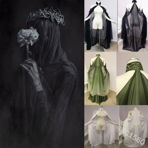 Halloween Costume Women Shawl Cape Cloak Medieval Neck Cape Shawl Cosplay Princess Witch Bride Party Chiffon Light Coat Robe