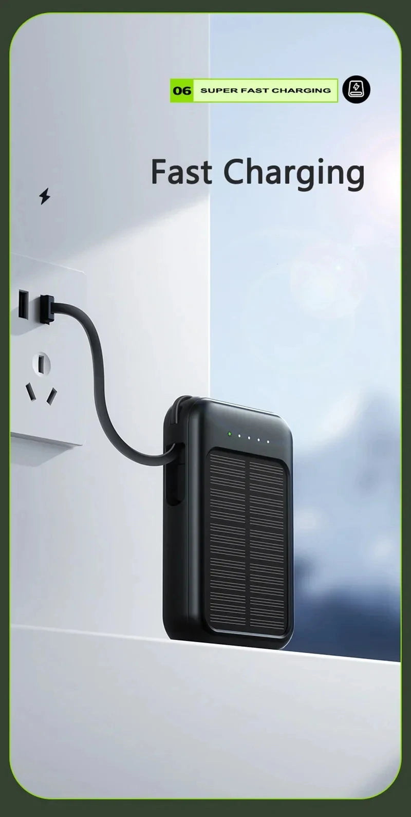 50000mAh High Capacity Solar Power Bank Built in Cable Solar Charger 2-USB Ports External Charger Power Bank LED Light 2026 New