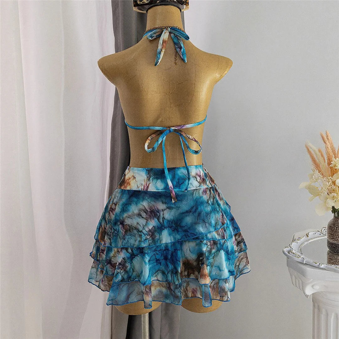 S - XL With Skirt Printed Halter Bikini Female Swimsuit Women Swimwear Three-Pieces Bikini Set Bather Bathing Suit Swim V8184