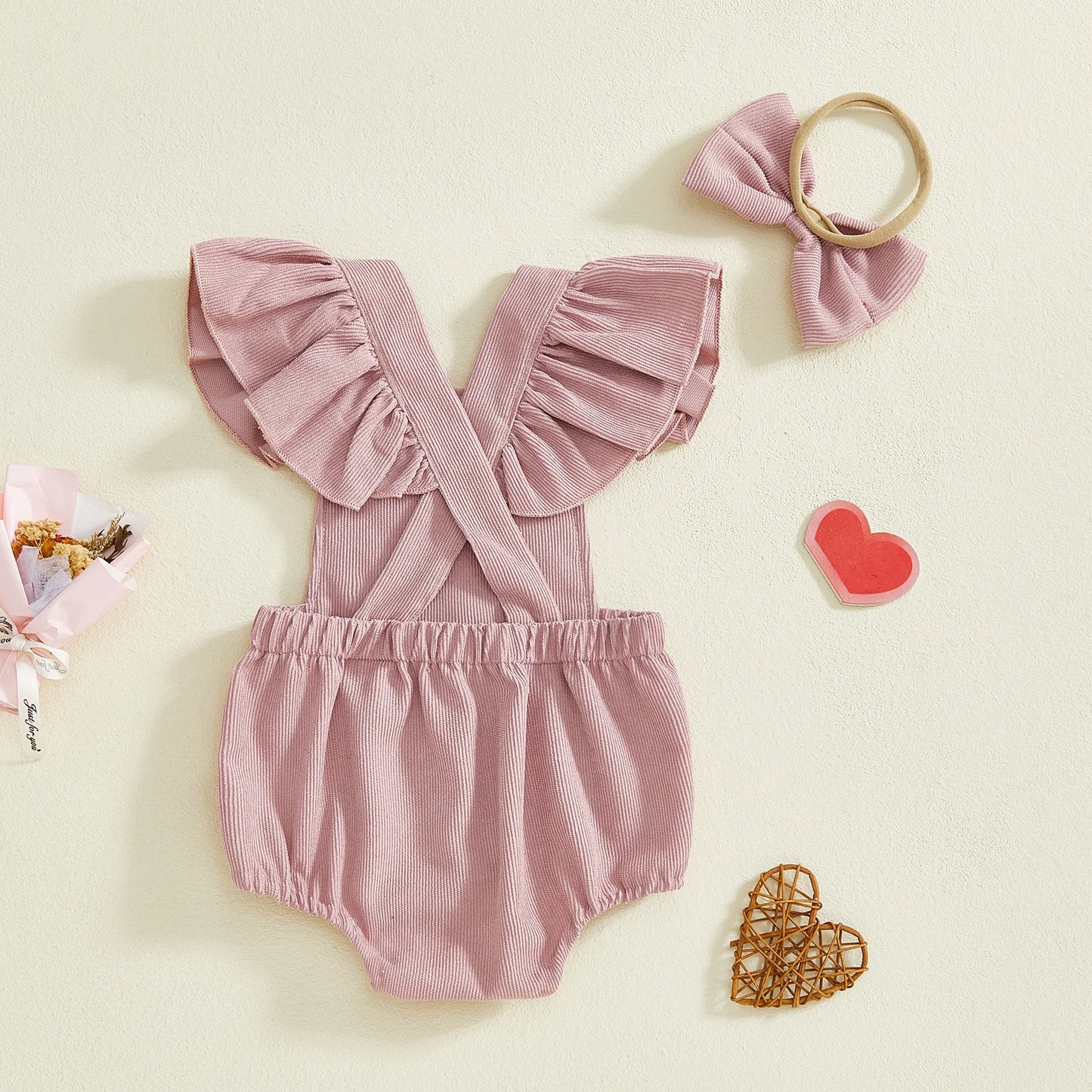 Baby Girl Valentines Outfit Letter Love Heart Embroidered Ruffled Trim Flying Sleeve Romper and Bow Headband 2 Pcs Set
