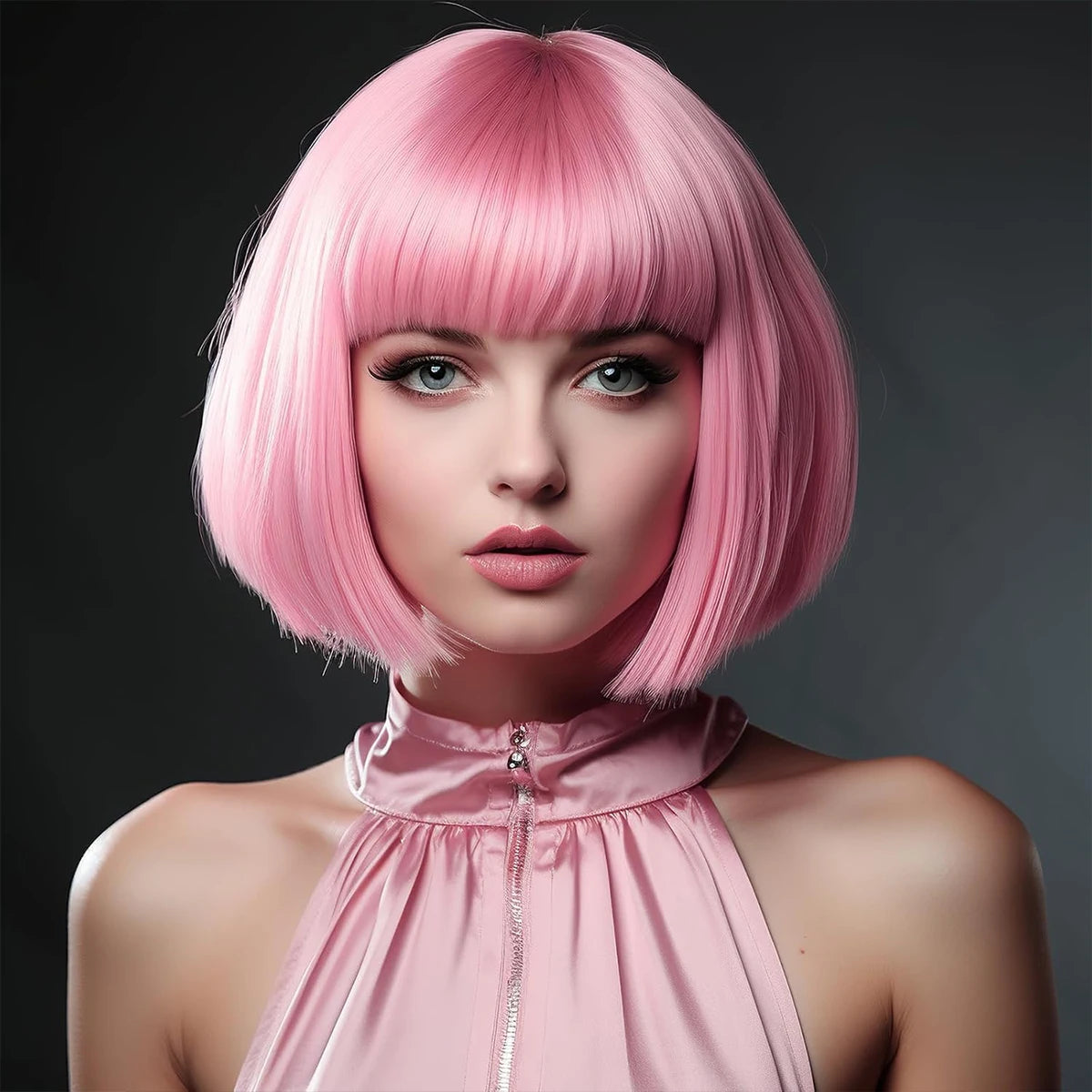 12 Inch /30 cm Fashion Lady Short Straight Synthetic Flat Bangs Bob Wig (Pink Pale)