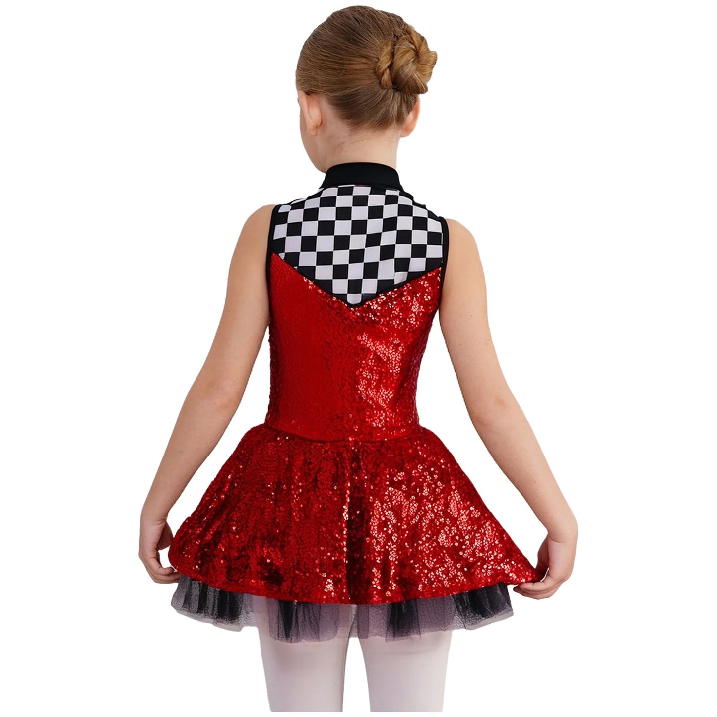 Kids Girls Checkerboard Racer Costume Halloween Car Driver Cosplay Leotard Dress with Tulle Skirt Themed Party Driving Roleplay