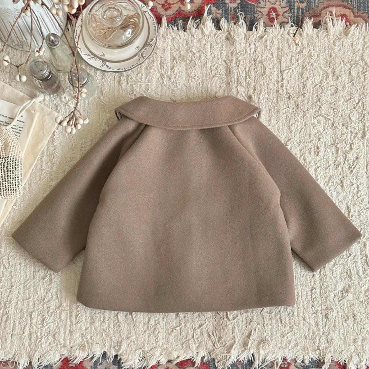 2026 Autumn Winter Baby Woolen Fabric Outerwear Sun Embroidery Collar Warm Coat for Infant Toddler Daily Jacket