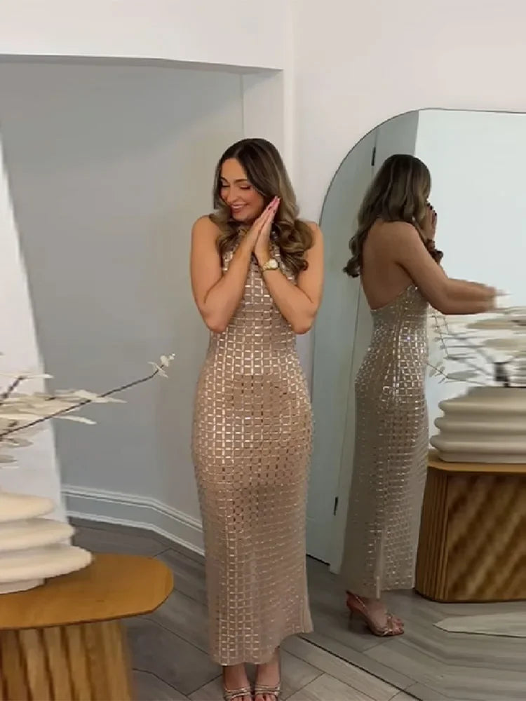 Sexy Lady Sequin Halter Maxi Dress Sleeveless O Neck Backless Party Long Robe 2026 Spring New Luxury Evening Dresses