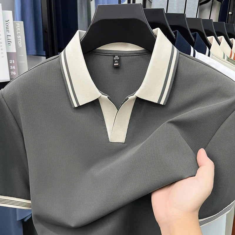 Light luxury summer new short sleeve polo shirt silky breathable high-end men's fashion personalized color blocked lapel T-shirt