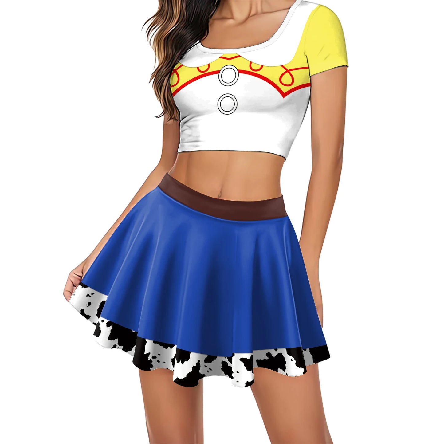 Halloween Woody Cosplay Costume For Women Movie Character Print Skirt Set Summer Short Sleeve Crop Top Party Performance Outfits