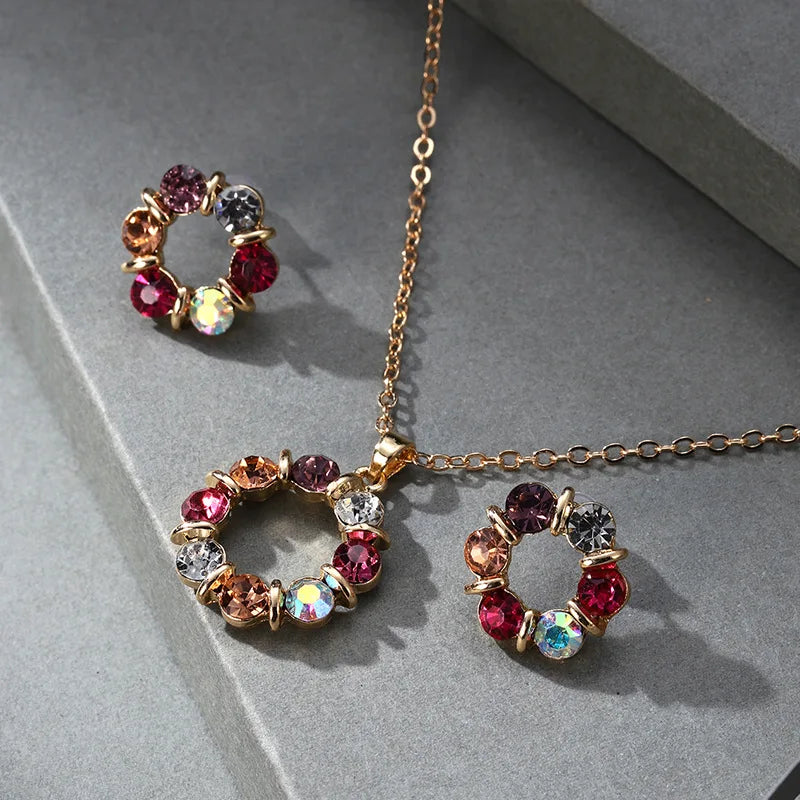 Luxury Multicolor Zircon Jewelry Set, Elegant Necklace and Earrings, Minimalist Luxury Gift for Women, Sparkling Gemstones