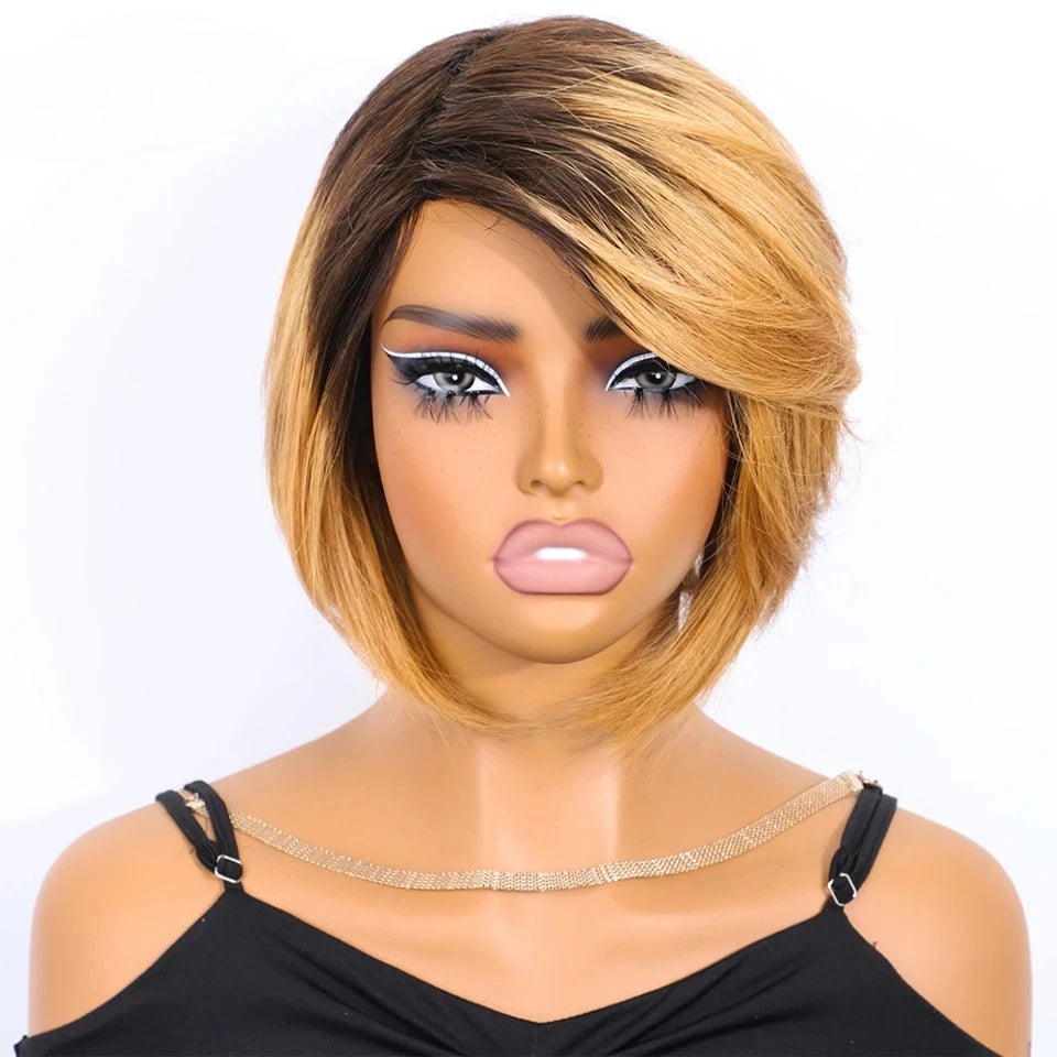 Short Straight Bob Human Hair Wigs With Bangs Full Machine Made Side Part Bob Human Hair Wigs For Women Beginner Friendly