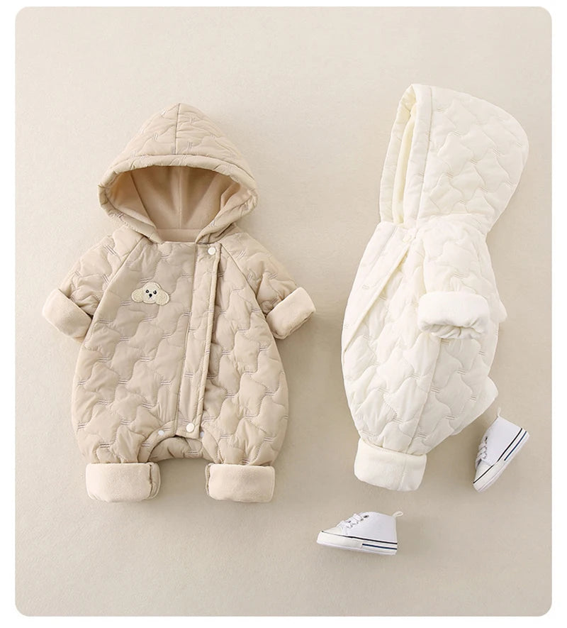 Autumn Winter Baby Clothes 0-2Y Newborn Thick Jumpsuit Boys Fur Lining Warm Romper Toddler Girls Cute Hooded Outdoor Clothing