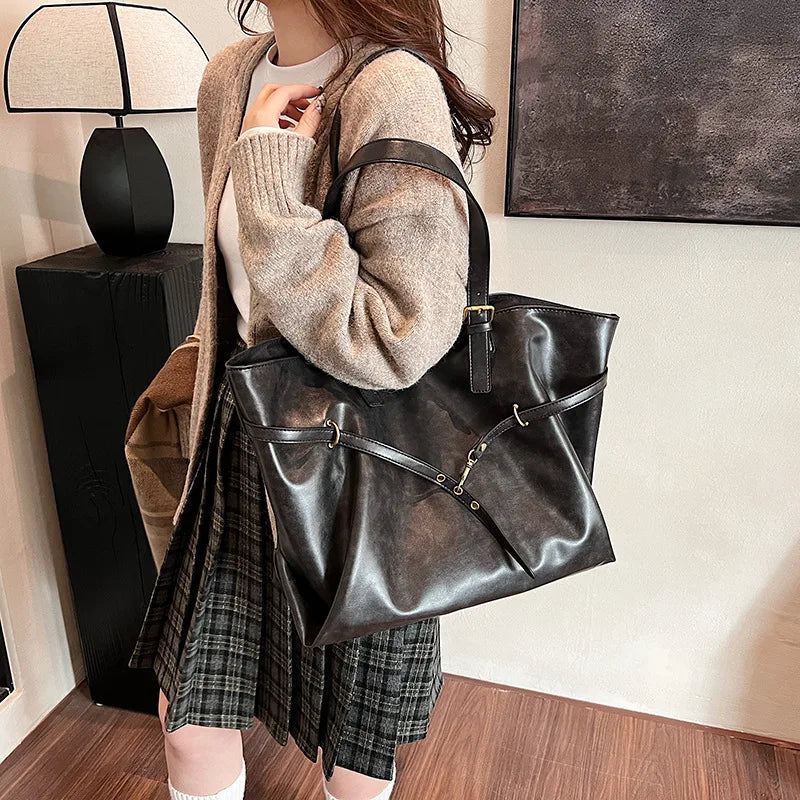 Tote Bag Designer Retro PU Leather Shoulder Handbag For Women Winter Trend Y2K Fashion Handbags Females Travel Luxury Tote Bags