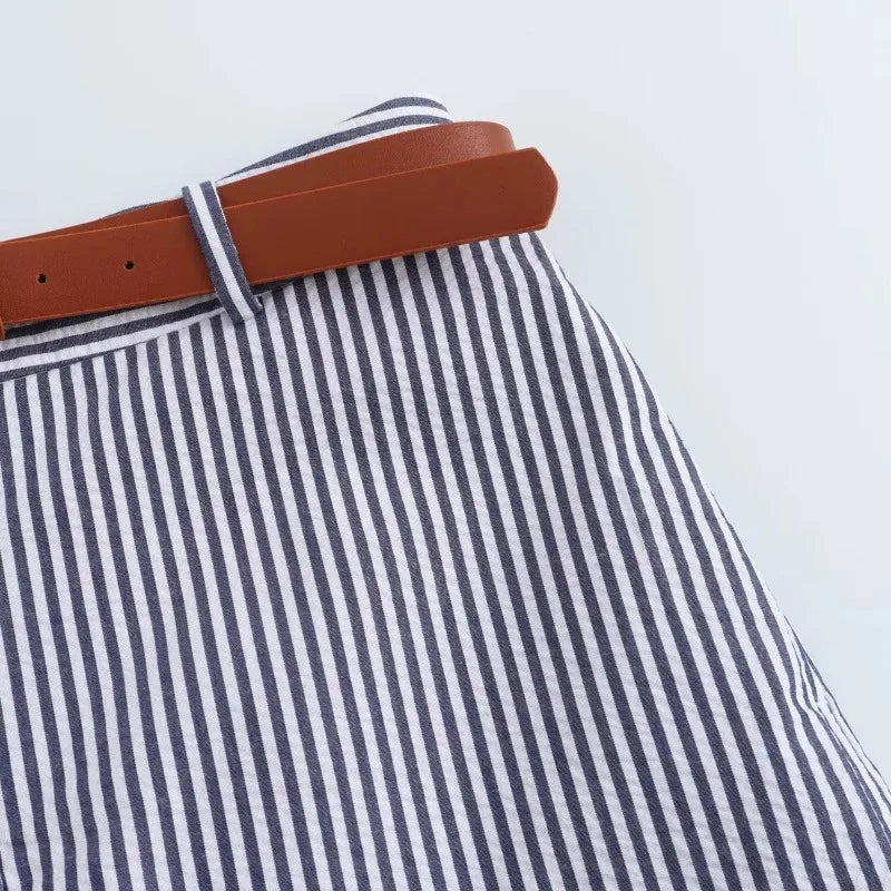 Women Casual Striped Skirts With Belted 2026 Summer Female High Waist A-Line Skirts Elegant Streetwear Lady Chic Shorts Skirts