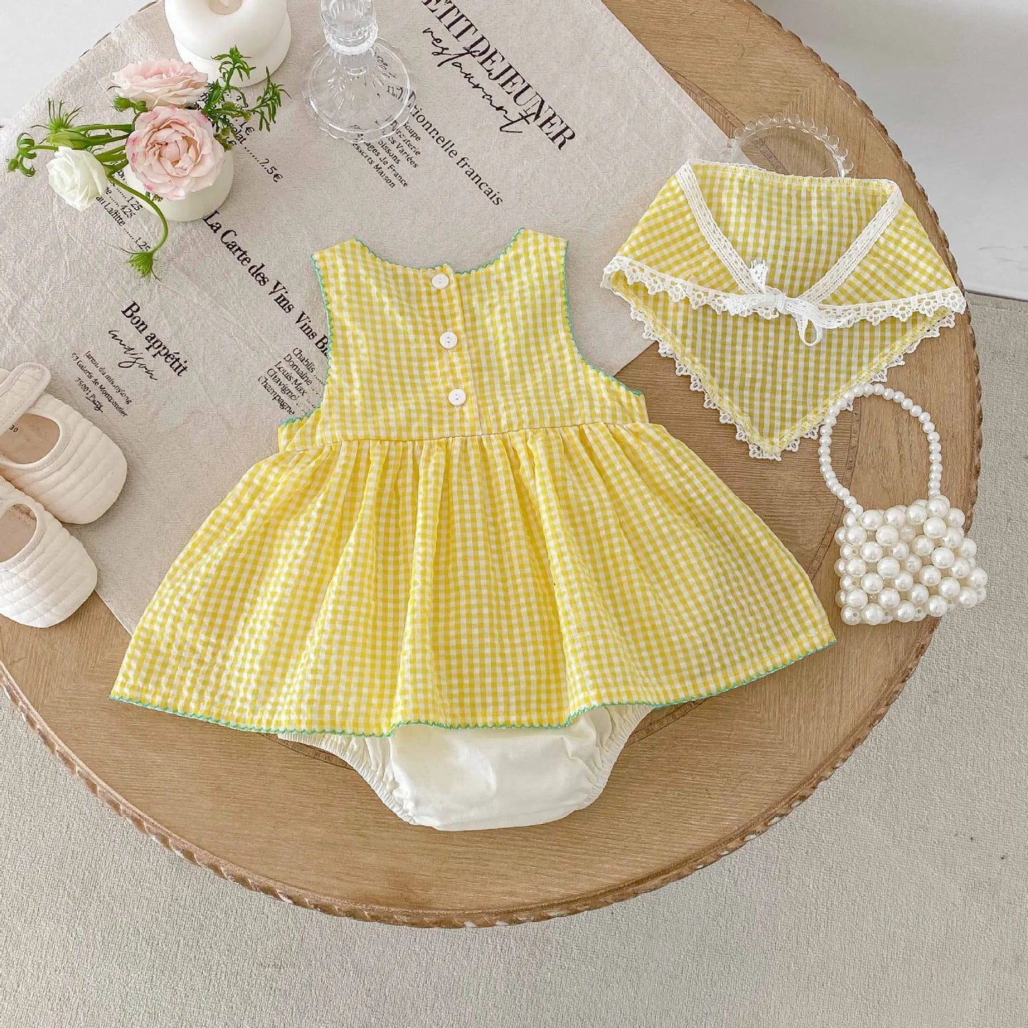 Baby Girl Summer Stylish Sweet Thin Class A Cotton Romper Dress - Cute Cartoon Duck Pattern Yellow Checkered Sleeveless Onesie