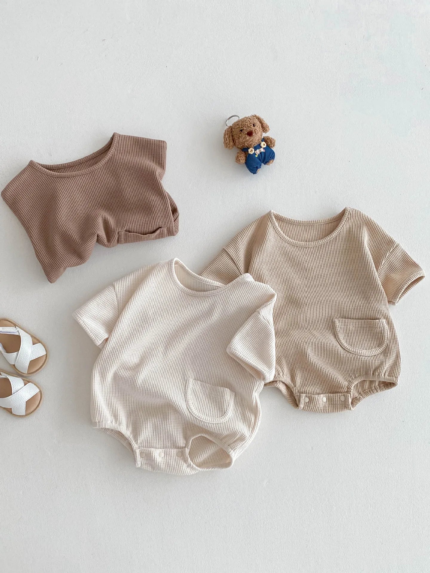 New Korean Style Baby Summer Cotton Simple Comfortable Short - Sleeve Waffle - Knit Onesie with Small Pocket Decoration Romper