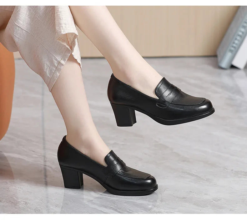 GKTINOO Pumps Women Genuine Cow Leather Round Toe Slip-On Loafers Med Heel Lady Shoes Handmade Women's Work Shoes