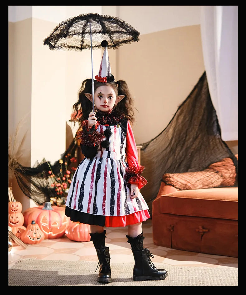 Halloween Cosplay Costumes Horror Clown Dresses Pants Headwear Clothes Sets Carnival Theme Party Role Playing Outfits for Girls