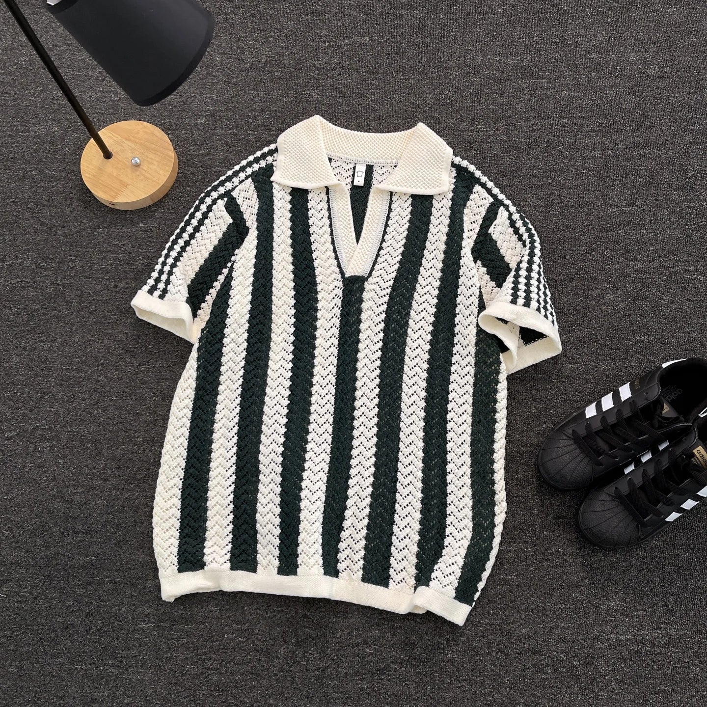 Men's Short Sleeve  Shirt Knitted Hollow out V-Neck Summer Breathable Stripe Pattern Versatile Casual T-Shirt