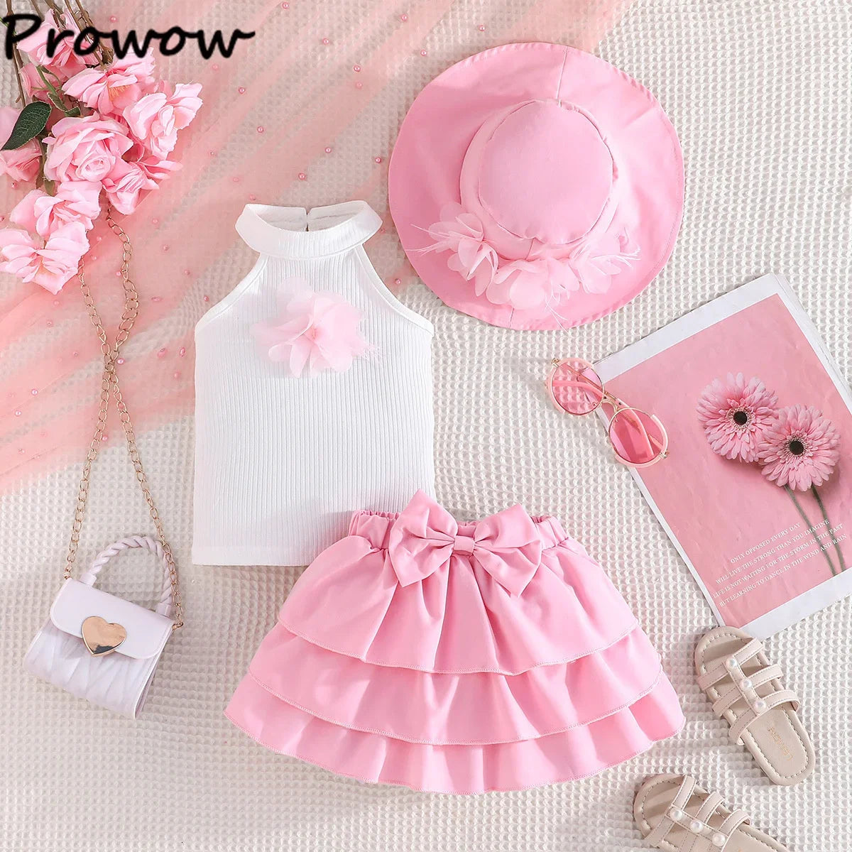 Toddler Girl Outfit Sets Sleeveless Turtleneck Fixed Flower T-shirt+Layered Skirt+Sun Hat Summer 3pcs Sets For Baby Girl Clothes