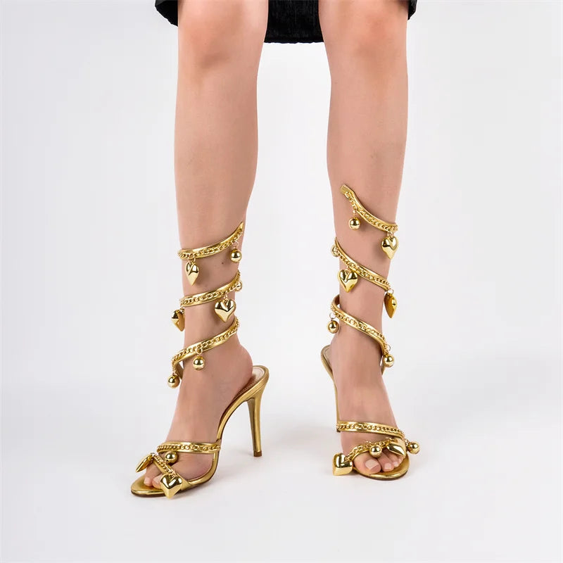 Onlymaker Women Round Toe Gold Metal Chain Pendant Wrap Strap Sandals Heels Slingback Stiletto 10CM Heeled Sandals