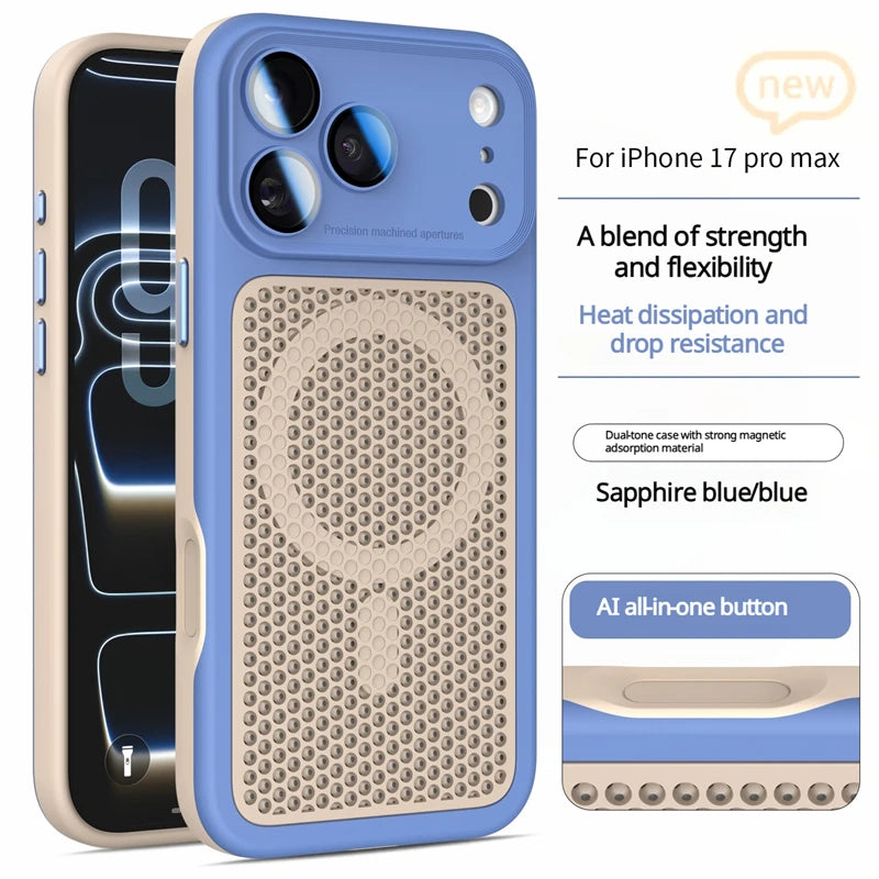 Heat Dissipation Mesh Magnetic Case for iPhone 17 15 14 13 12 16 Pro Max Plus For Magsafe Lens Protector Shockproof Bumper Cover