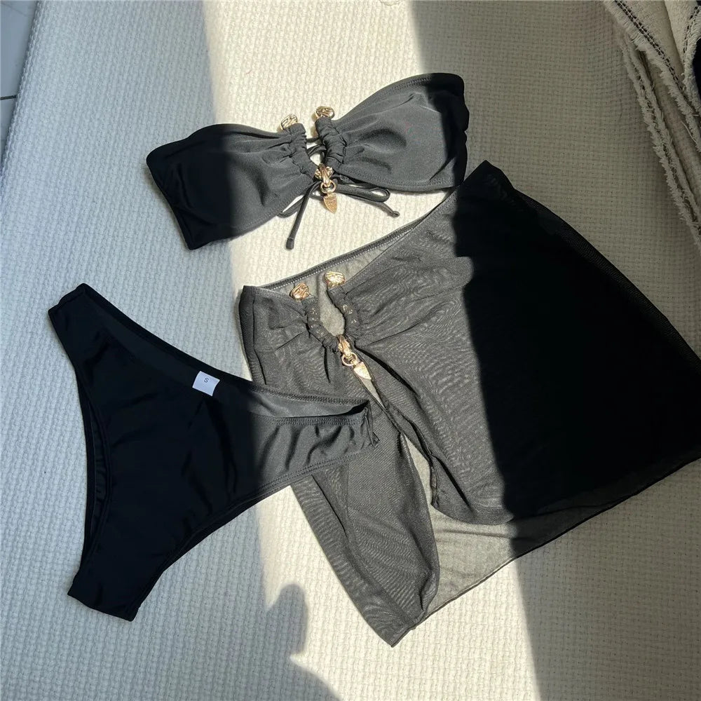 Metal Buckled Bandeau Black Bikinis Sets 3 Pieces Skirts Cover Ups Sexy Swimsuit Women 2026 Holiday Solid Swimwears Bikini Dames
