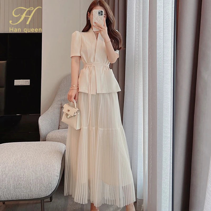 H Han Queen Elegant 2 Piece Office Dress Women Summer Simple Basic A-Line Dresses Short Sleeve Slim Long Casual Party Vestidos
