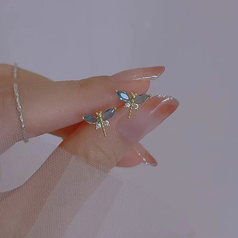 925 Sterling Silver Crystal Dragonfly Stud Earrings For Woman Christmas Gifts Piercing Jewelry Aretes De Mujer Party Gifts