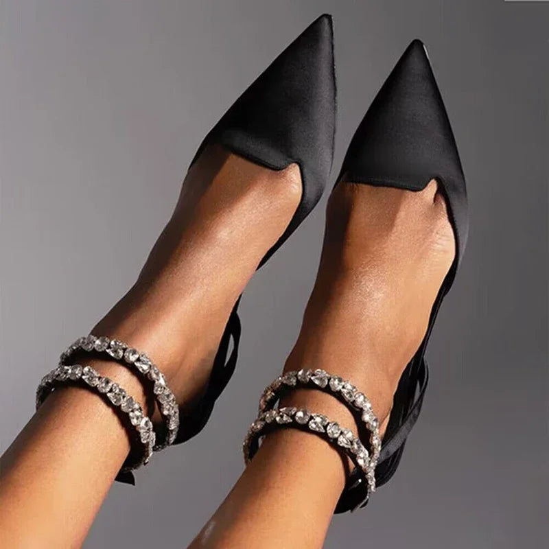 Shiny Crystal Flat Heels Gladiator Sandals Women Sexy Pointed Toe Pink Party Shoes Woman Plus Size 42 Ankle Straps Pumps Lady