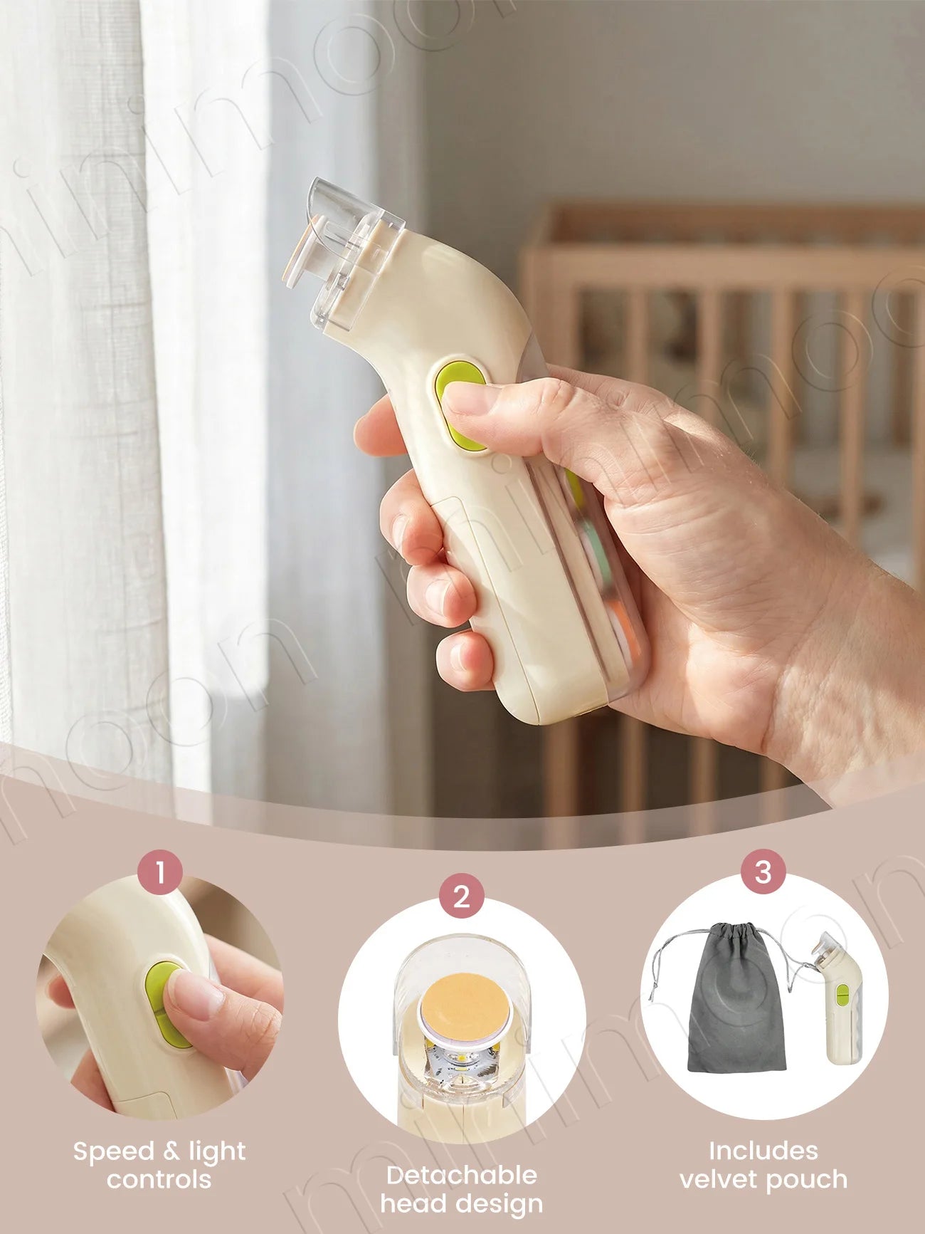 Electric Baby Nail File, 5-in-1 Gentle Nail Trimmer for Infants Toddlers, 360° Rotating Grinding Head with LED Light