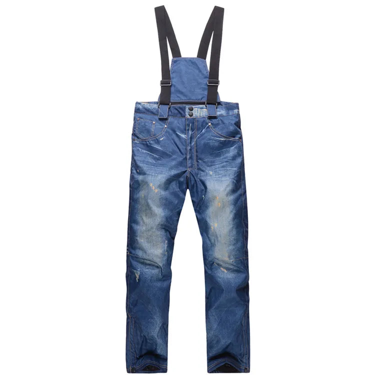 style denim ski pants suspenders denim ski pants men's skating snowboard waterproof, windproof and warm ski pants