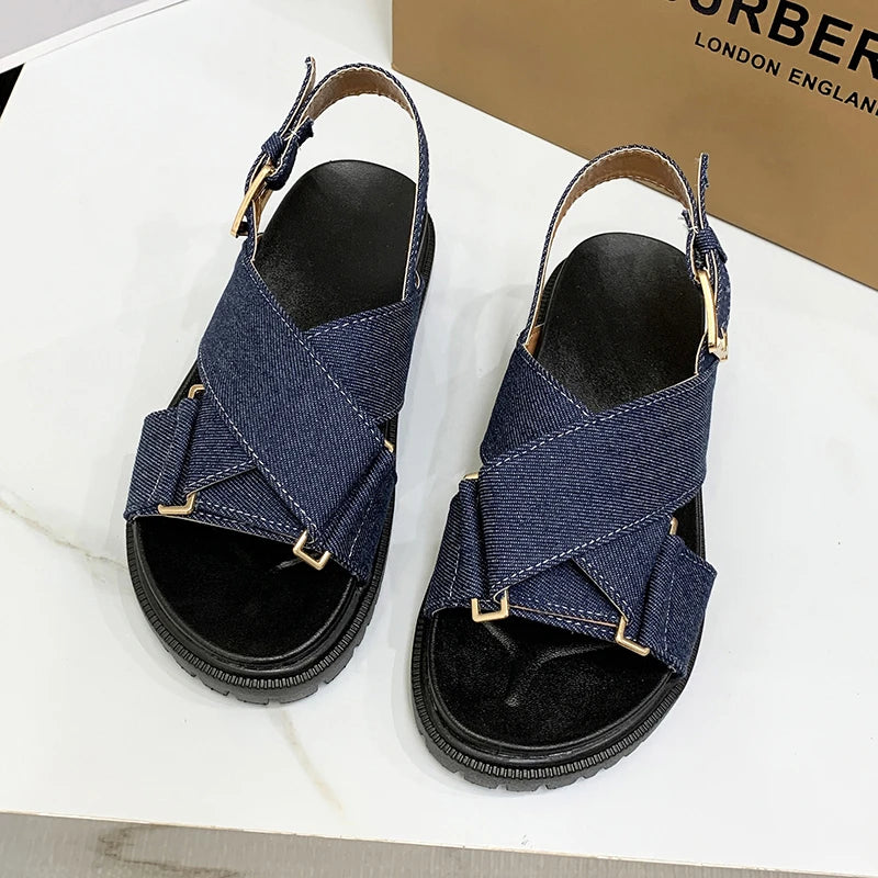 Denim Cross-strap Thick Sole Sandals Women 2025 New Summer Platform Shoes  Woman Outdoor Casual Sports Beach Shoes Slippers