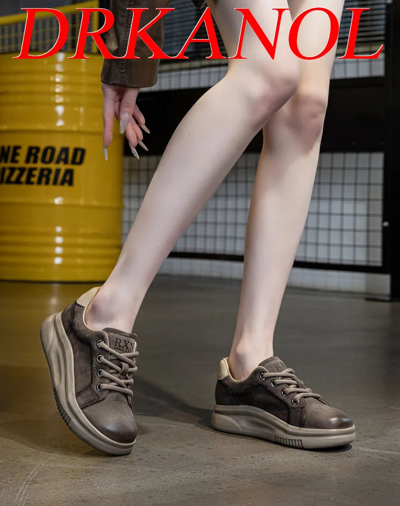 DRKANOL Spring Genuine Leather Casual Sneakers Women Thick Bottom Platform Lightweight Single Shoes Ladies Wedges Heel Shoes