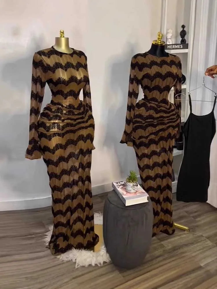 Long Sleeve Maxi Dress Chic for Women High Waist Evening Dress with Drape Sexy Brown Bandage Dress Wholesale Dropshipping
