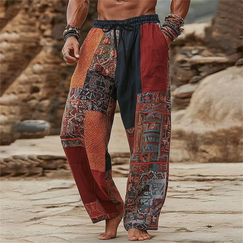 New men's loose fit casual pants with 3D printed geometric patterns, fashionable and comfortable wide leg pants