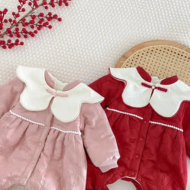 Baby Warm New Year Christmas Rompers 0-2 Year Old Korean Childrens Wear Winter Bodysuit Toddler Girls Sweetheart Outwear