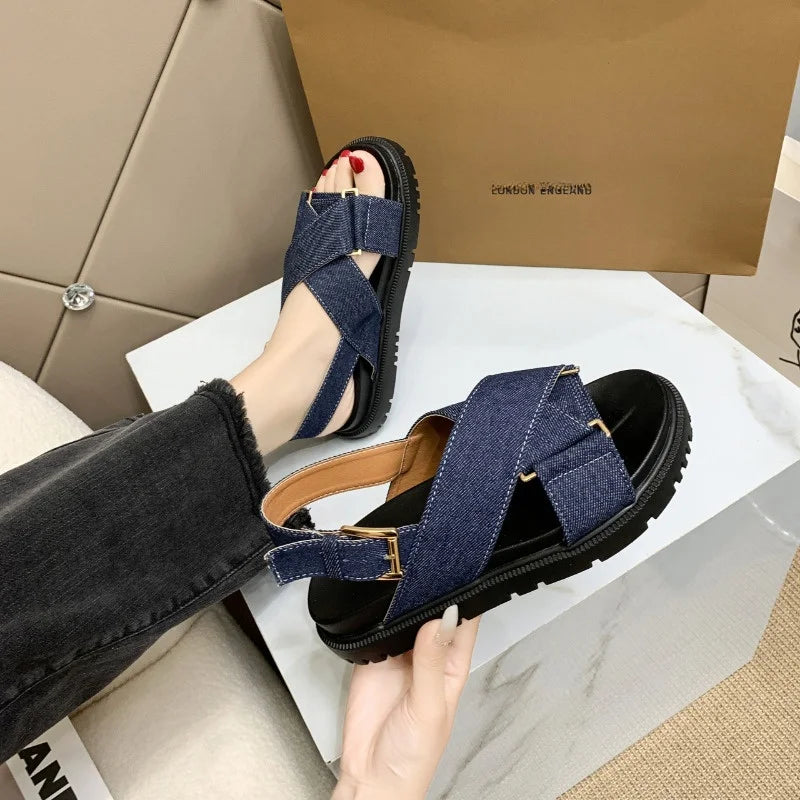 Denim Cross-strap Thick Sole Sandals Women 2025 New Summer Platform Shoes  Woman Outdoor Casual Sports Beach Shoes Slippers