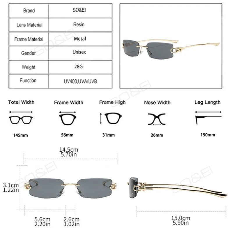 SO&EI Ins Popular Fashion Rectangle Rimless Sunglasses Women Retro Clear Ocean Lens Shades UV400 Men Trending Sun Glasses