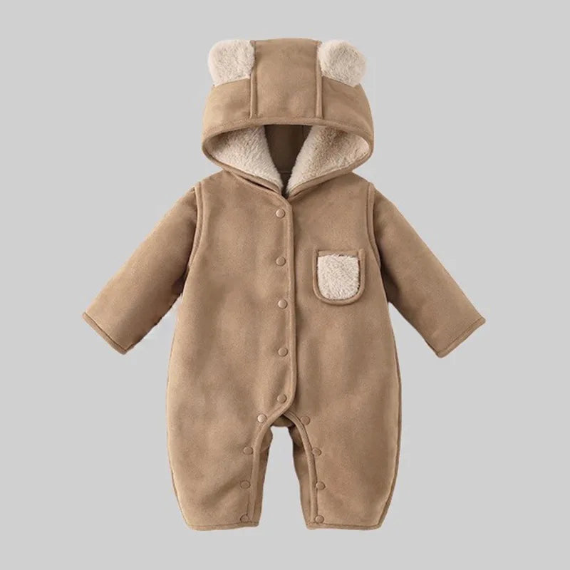 Korean Baby Winter Romper Vintage Thick Sherpa-Lined Hooded Jumpsuit Boys Girls Warm Infant Crawling Suit
