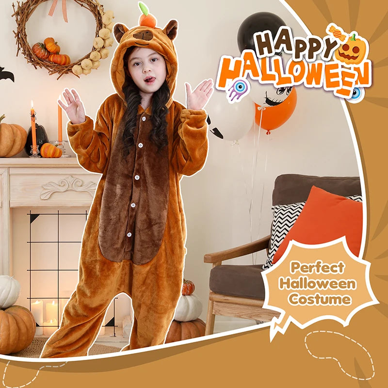 MICHLEY Christmas Capybara Flannel Blanket Sleepers Onesie Hooded Children Costume Clothes Jumpsuit Sleepwear For Boys Girls