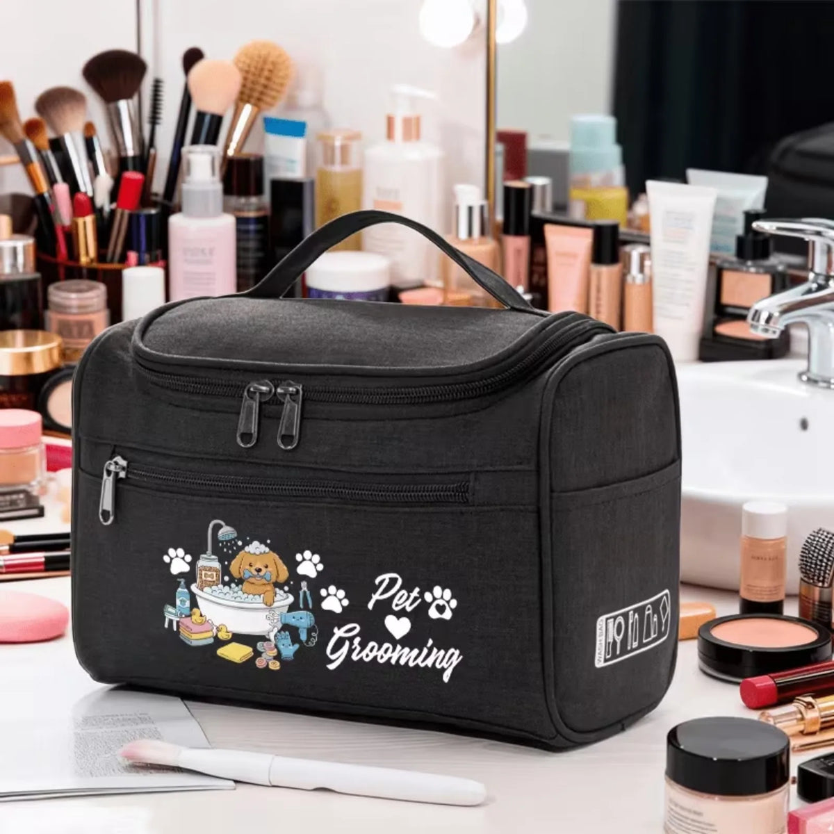 Pet Grooming Travel Storage Bag, Cute Dog Bath Print Pet Supply Organizer, Hanging Portable Grooming Accessory Pouch
